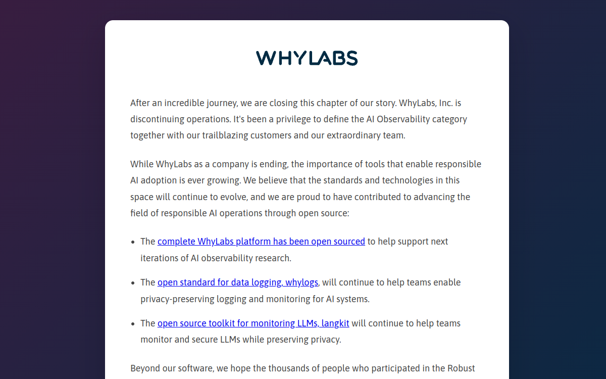 WhyLabs AI Observatory website screenshot