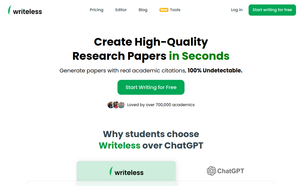 Writeless website screenshot