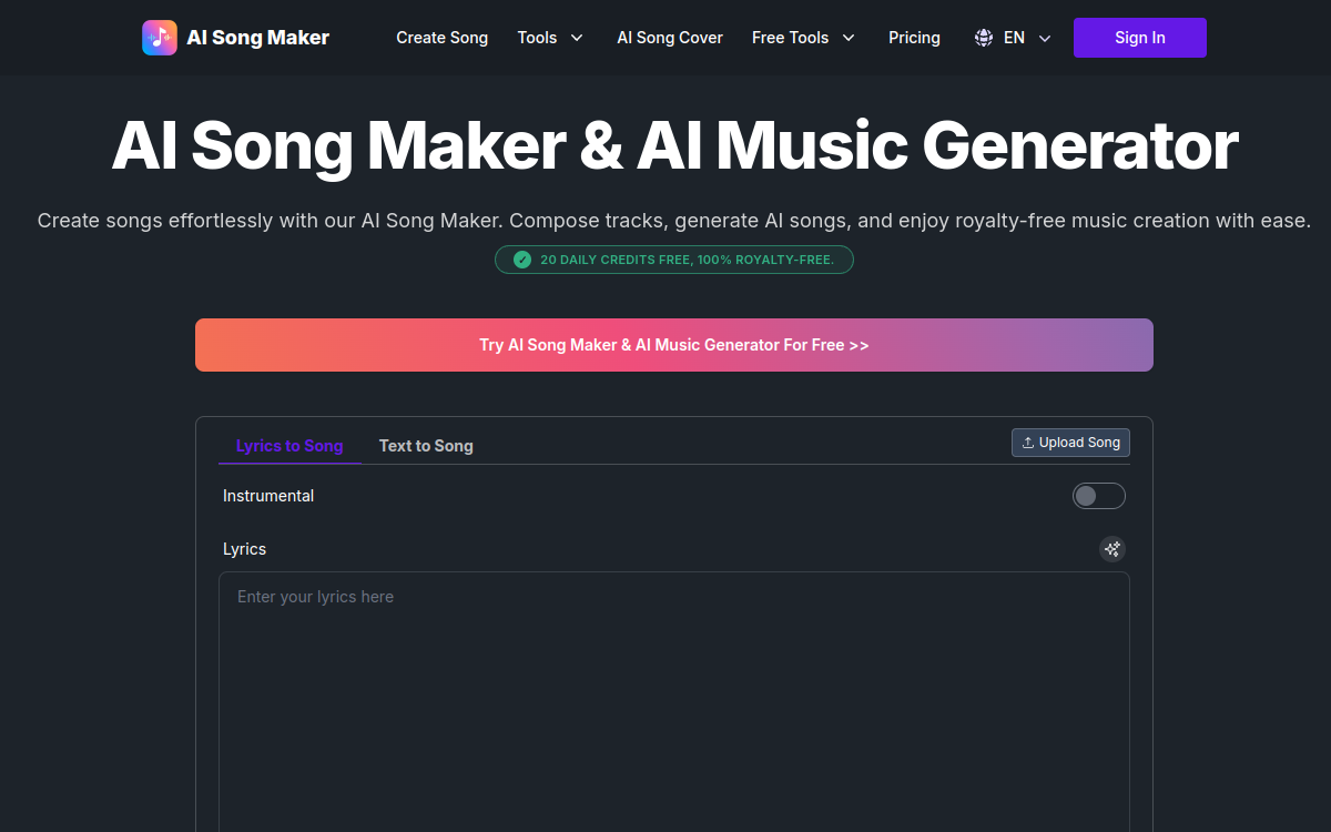 AI Song Maker website screenshot