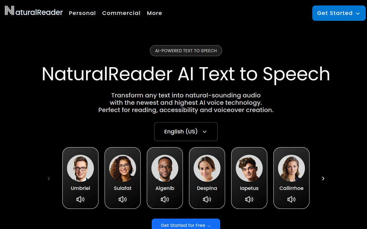 AI Voices - NaturalReader Home 网站预览