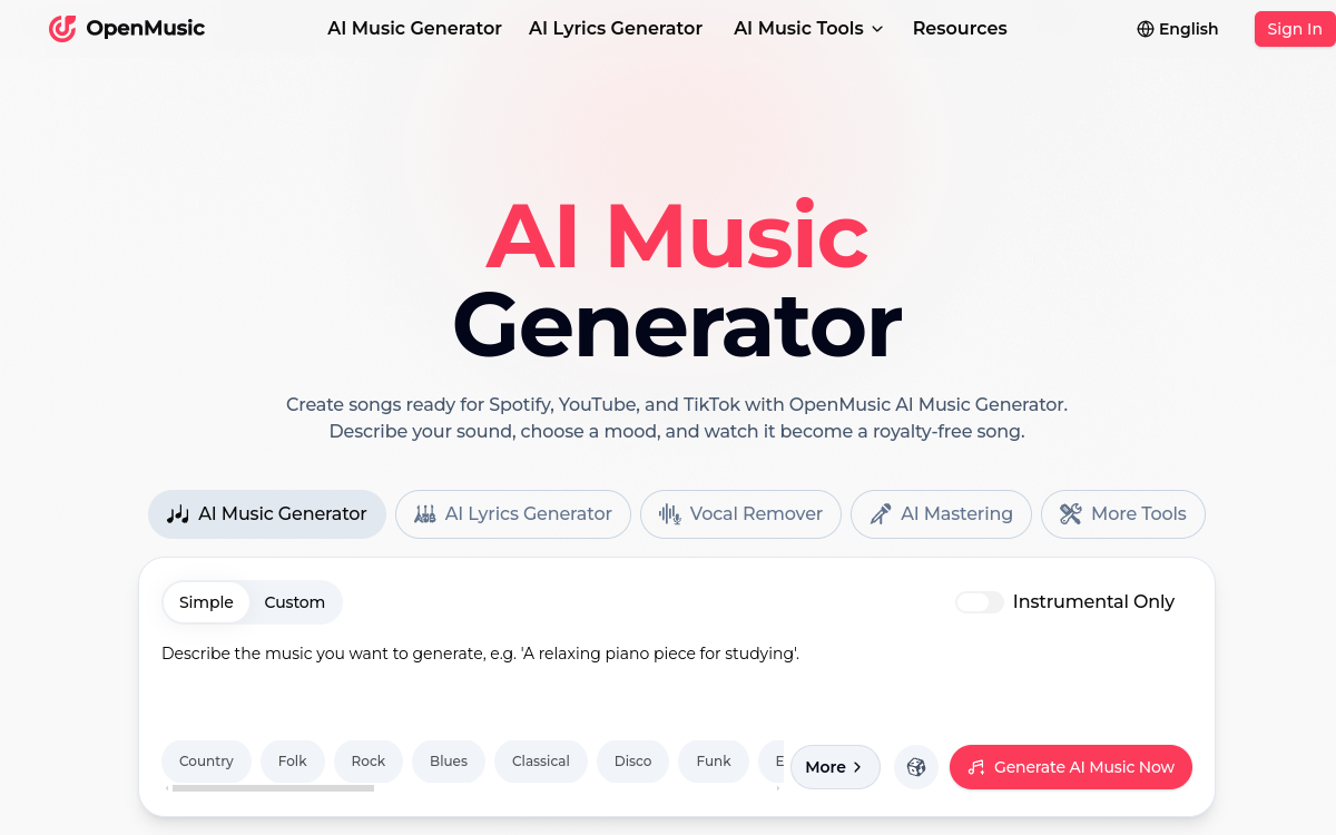OpenMusic AI website screenshot