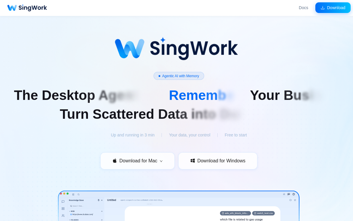一款会记忆的 AI 数据桌面助手 网站预览