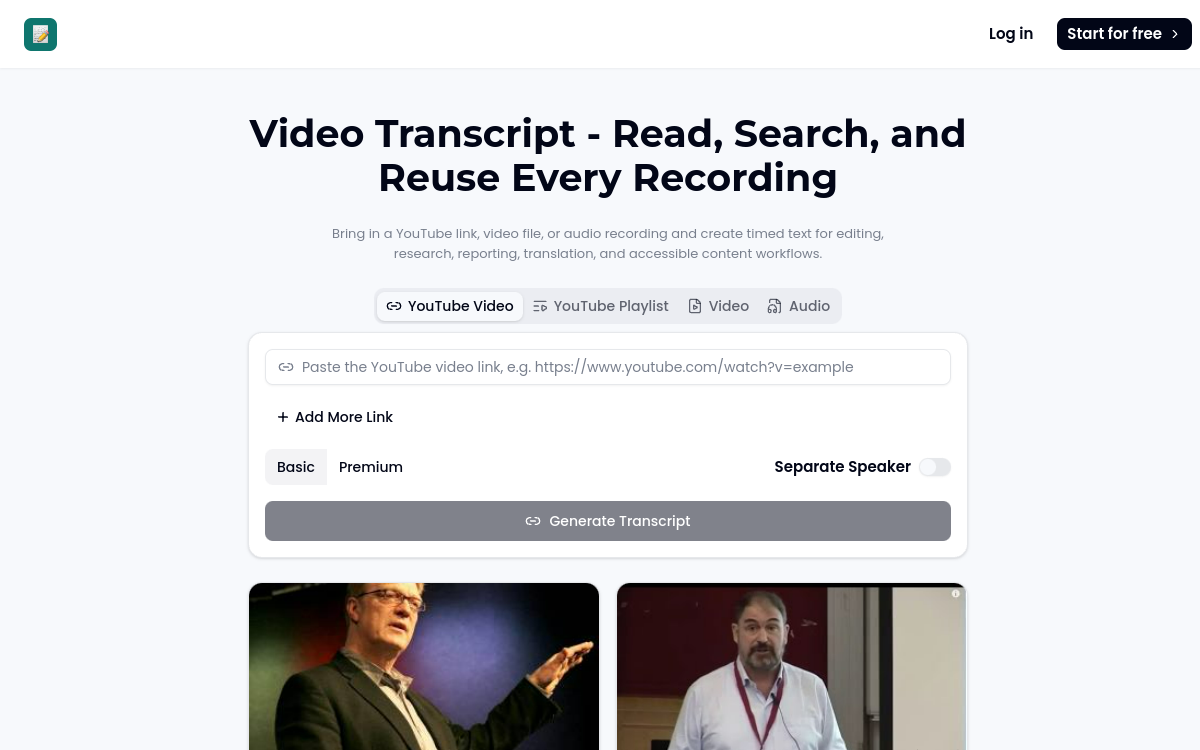 VideoTranscript website screenshot