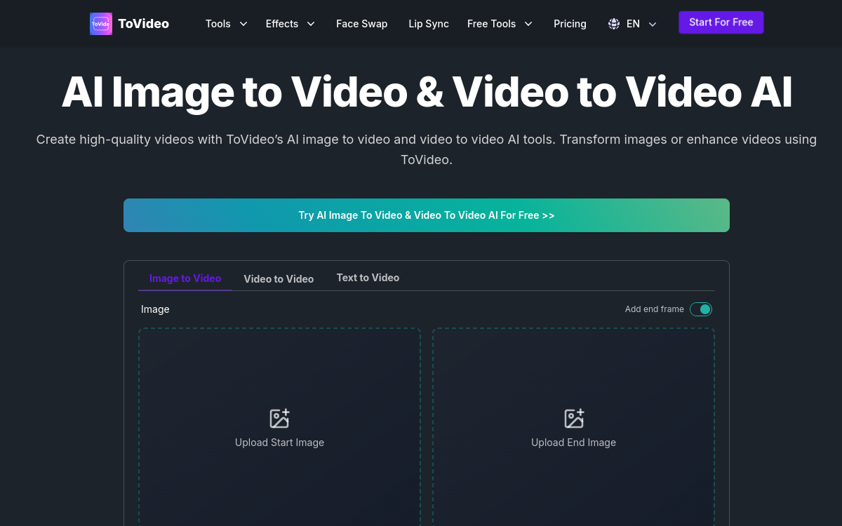ToVideo: AI Image to Video & Video to Video AI Free 网站预览