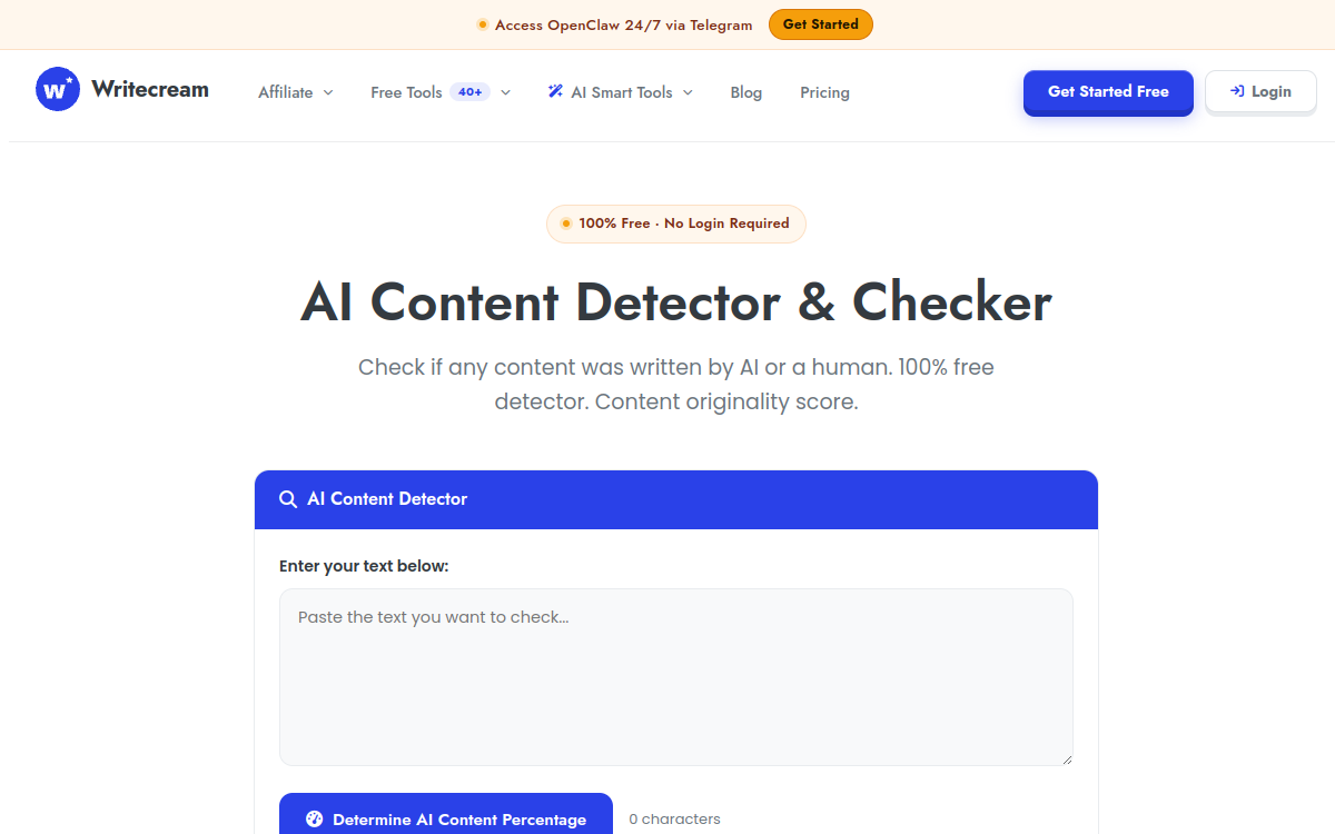 Free AI Content Detector & Checker » Writecream 网站预览