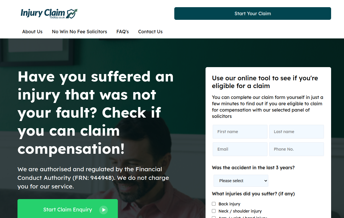 Preview of InjuryClaimToday.co.uk homepage
