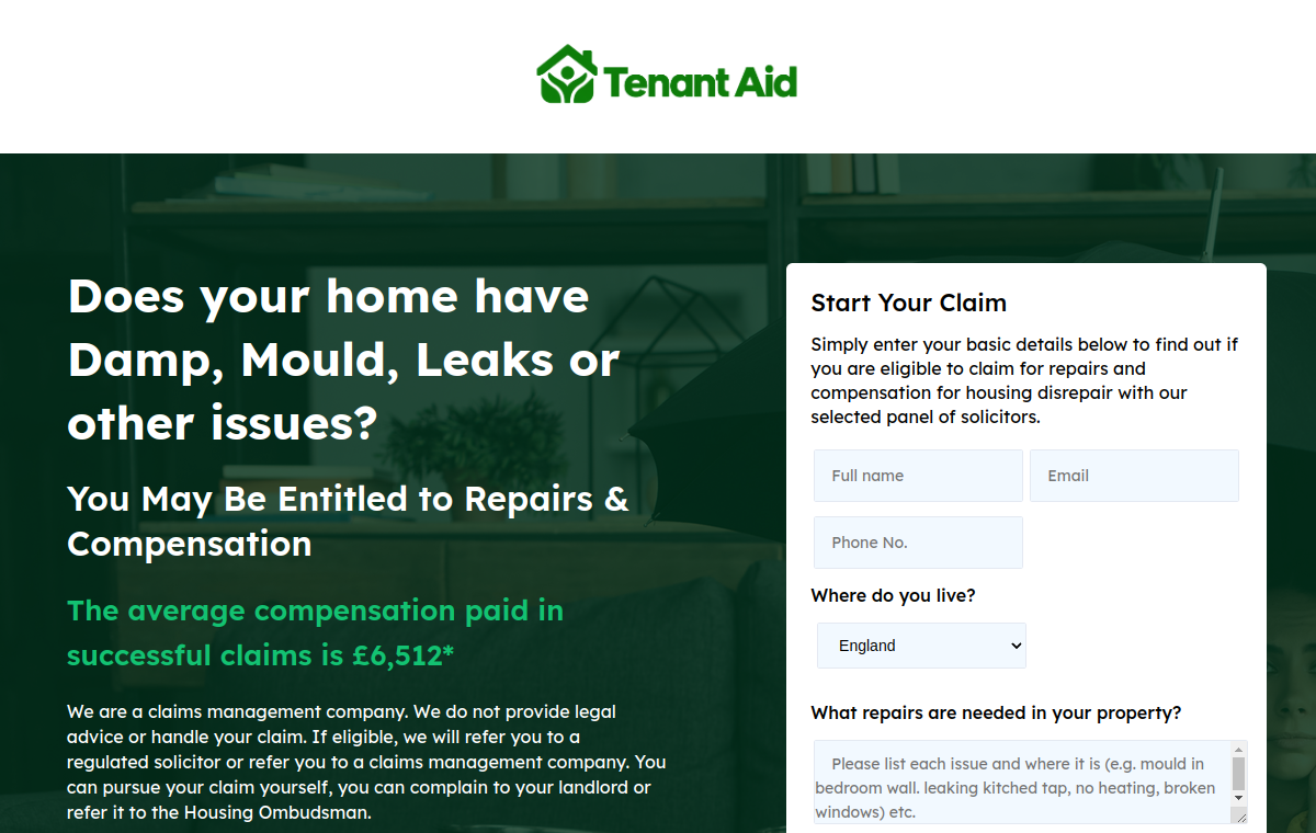 Preview of TenantAid.co.uk homepage