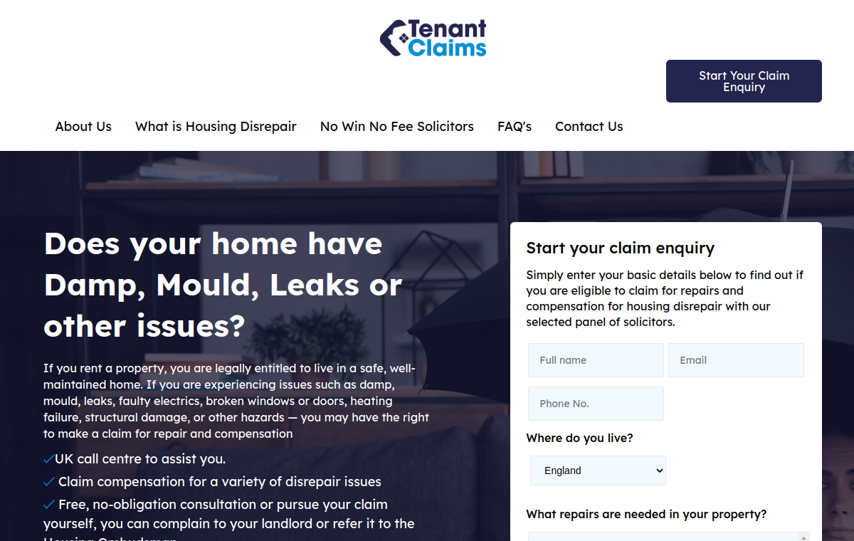 Preview of TenantClaims.co.uk homepage