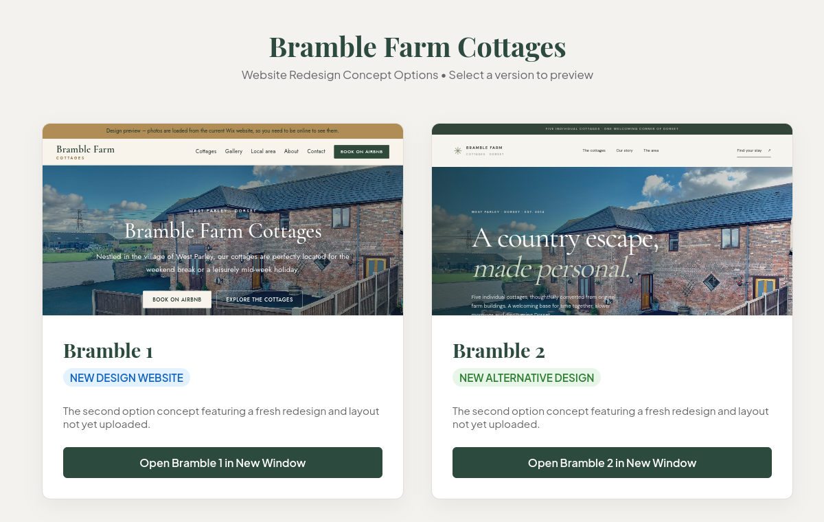 Preview of the Bramble Farm Cottages website design concepts