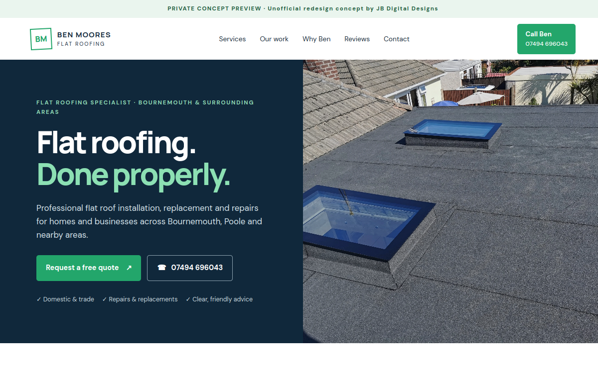 Preview of the Ben Moores Flat Roofing website concept