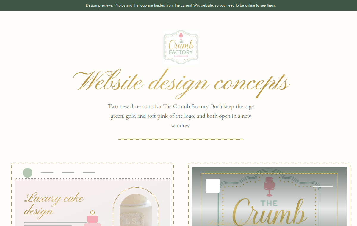 Preview of The Crumb Factory website design concepts