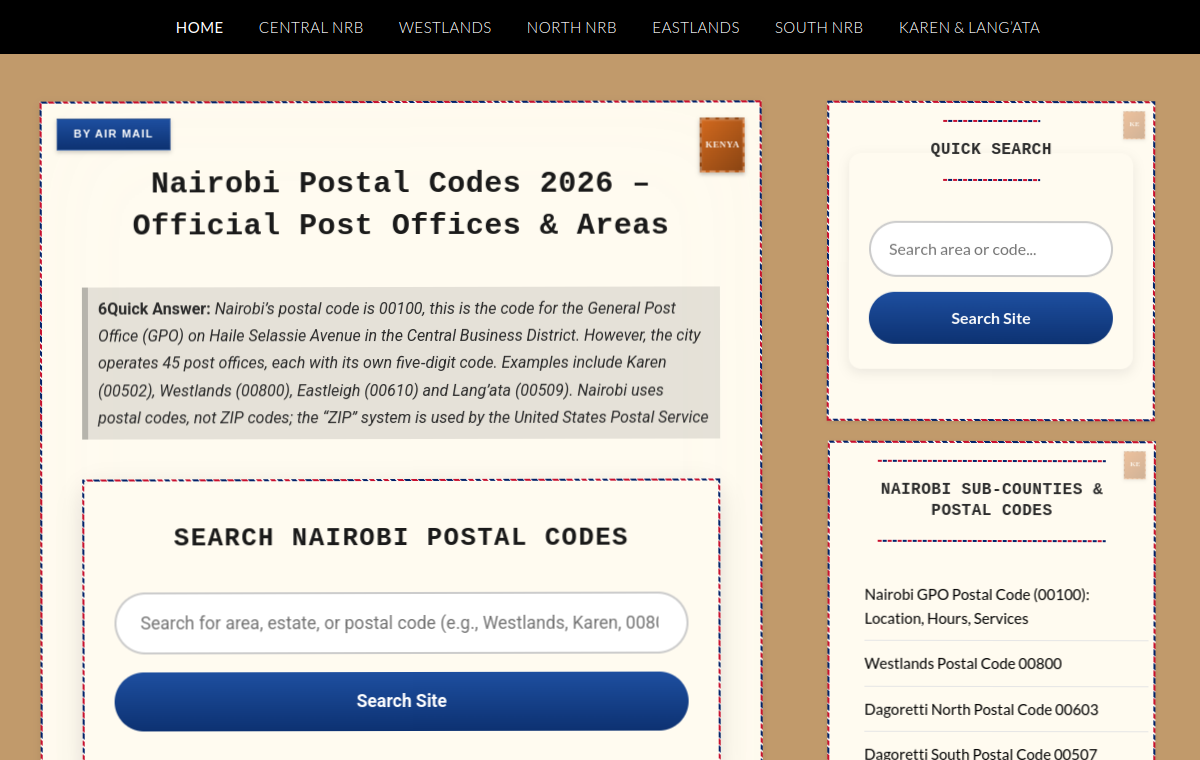 Nairobi Postal Codes website preview