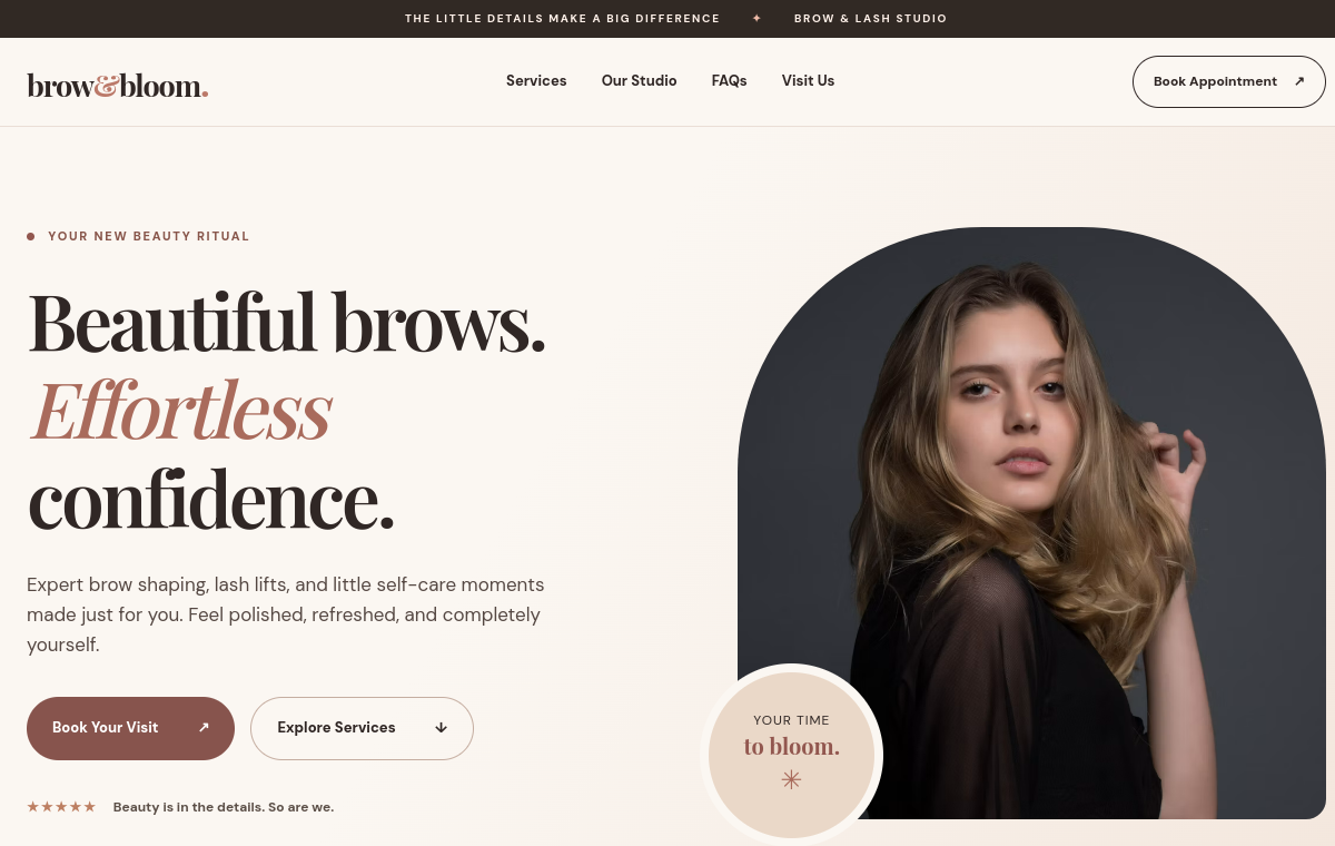 Website preview of Brow and Bloom Studio brow and lash salon sample