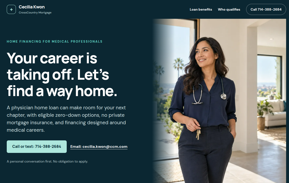 Live thumbnail preview of the ZeroDownDrLoan physician home loan website