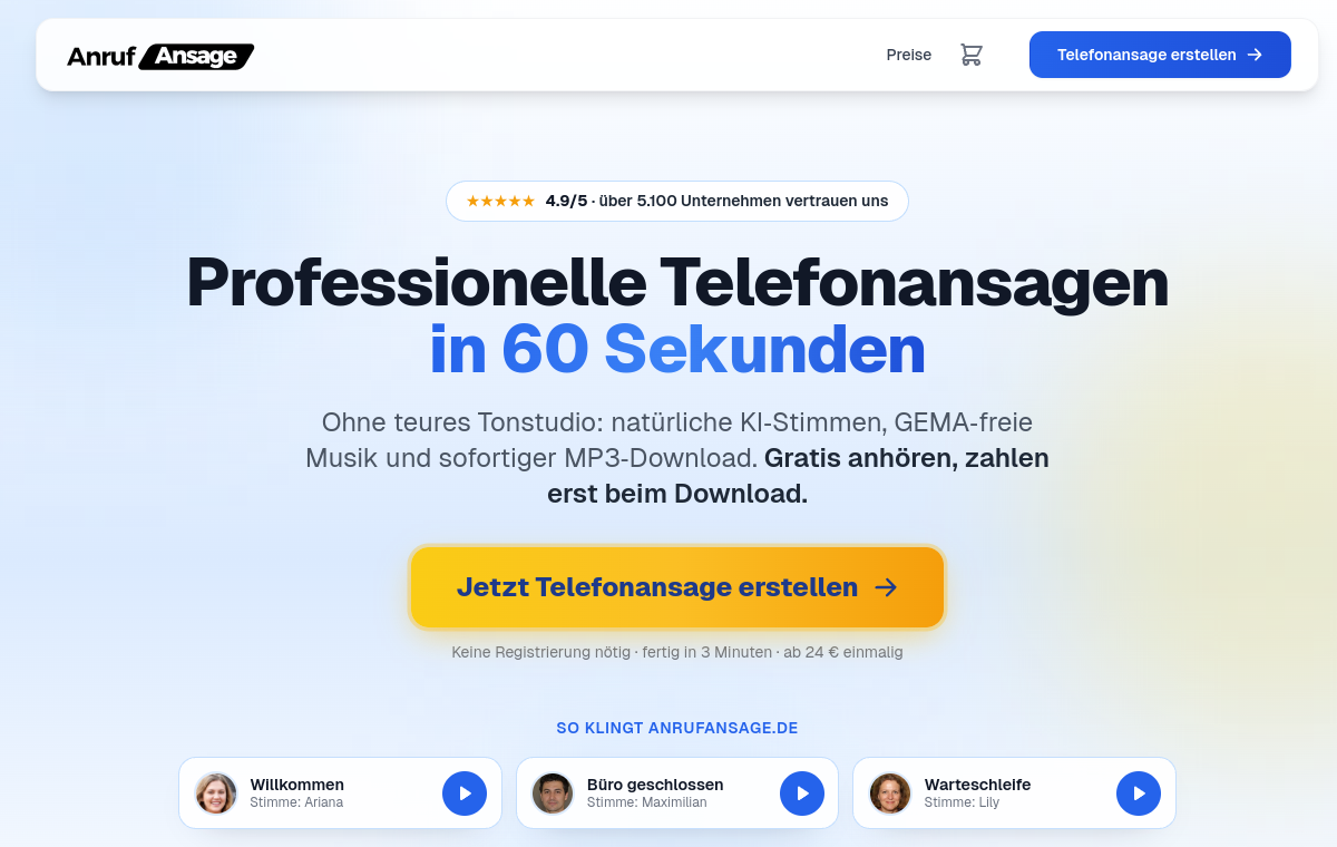 Screenshot der Homepage von Anrufansage.de