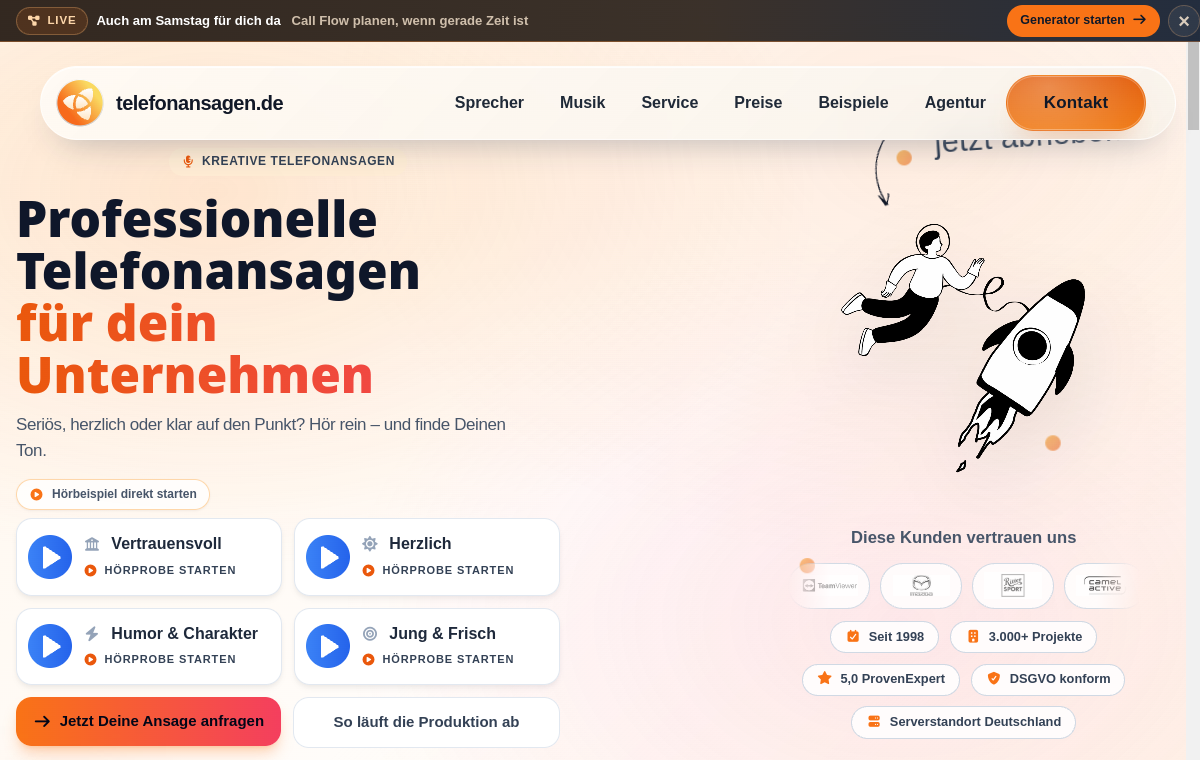 Screenshot der Homepage von telefonansagen.de