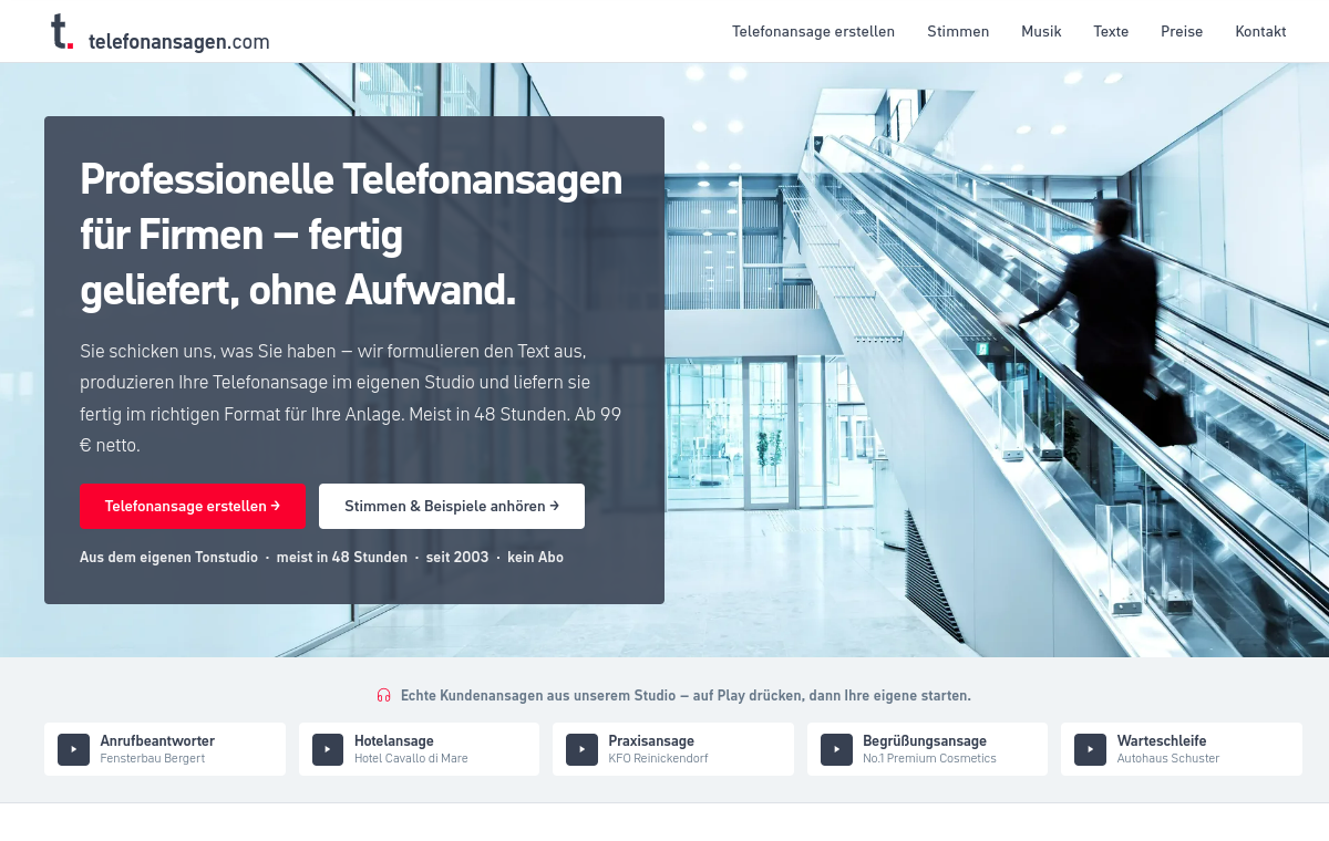 Screenshot der Homepage von telefonansagen.com