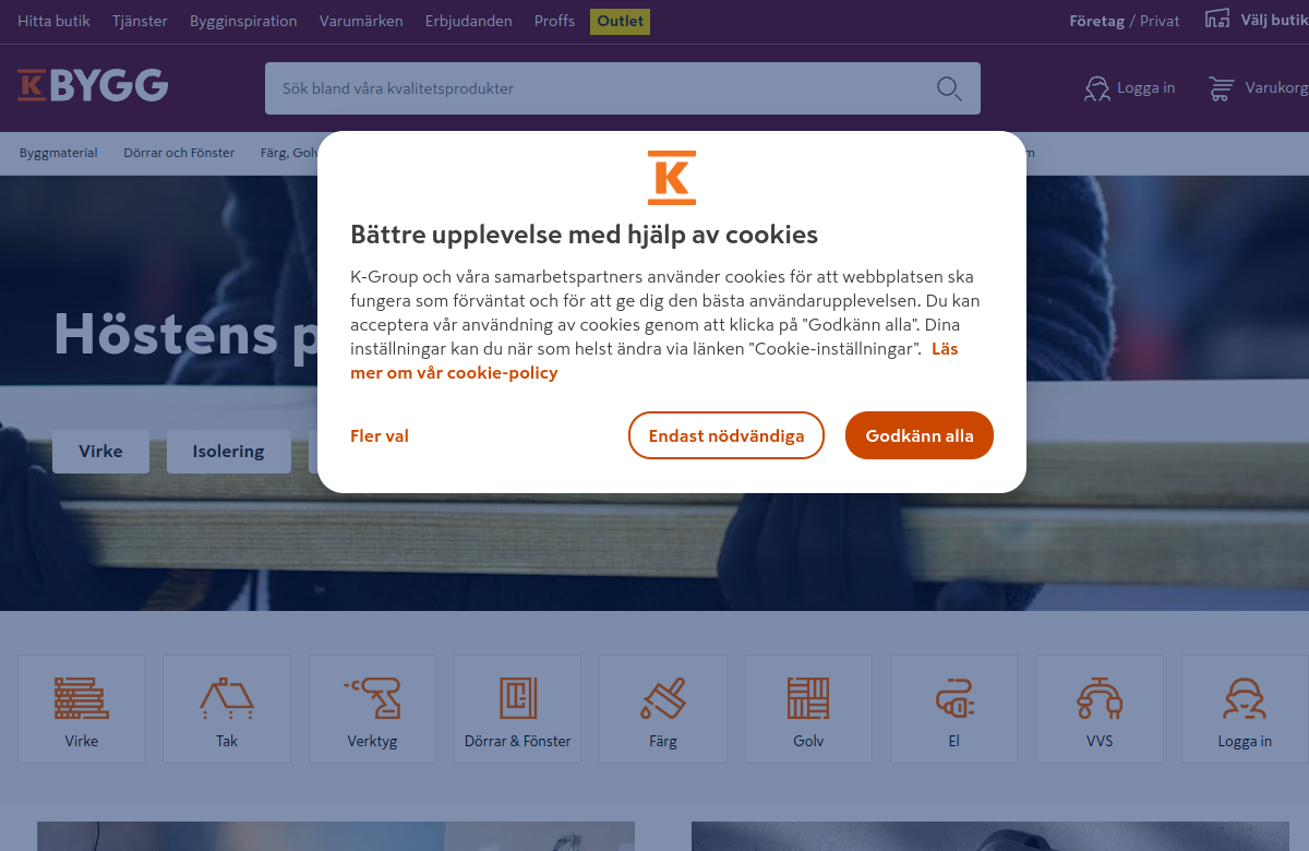 Screenshot av K-Byggs hemsida