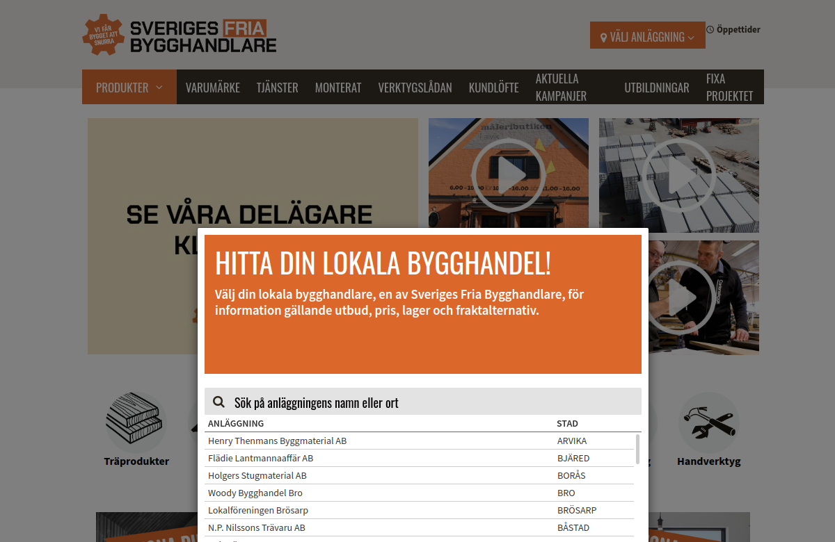 Screenshot av Woody Bygghandels hemsida