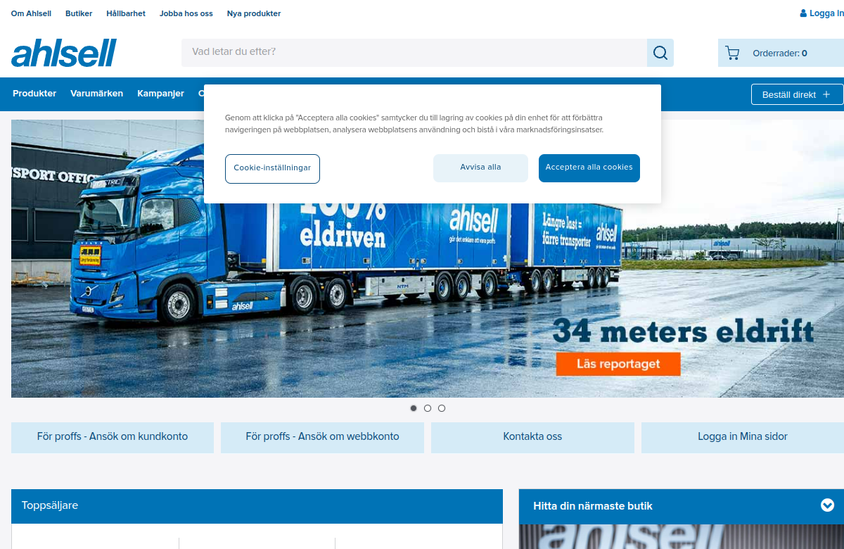 Screenshot av Ahlsells hemsida