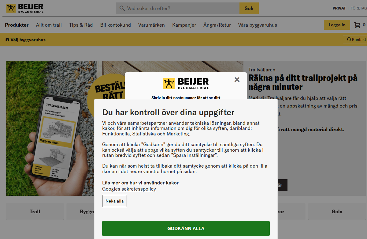Screenshot av Beijer Byggmaterials hemsida