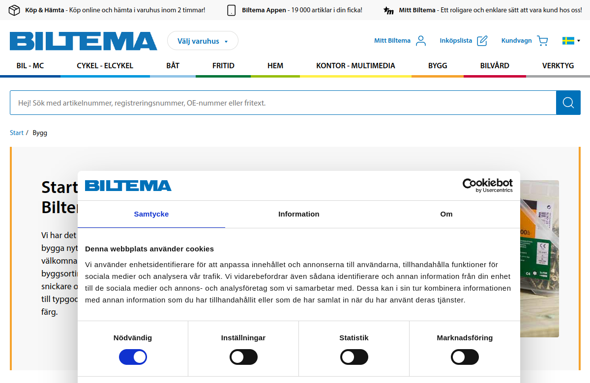 Screenshot av Biltemas hemsida