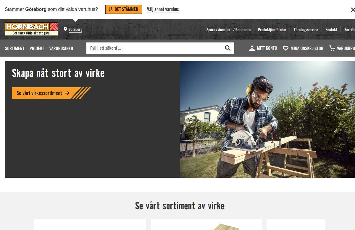 Screenshot av HORNBACHs hemsida