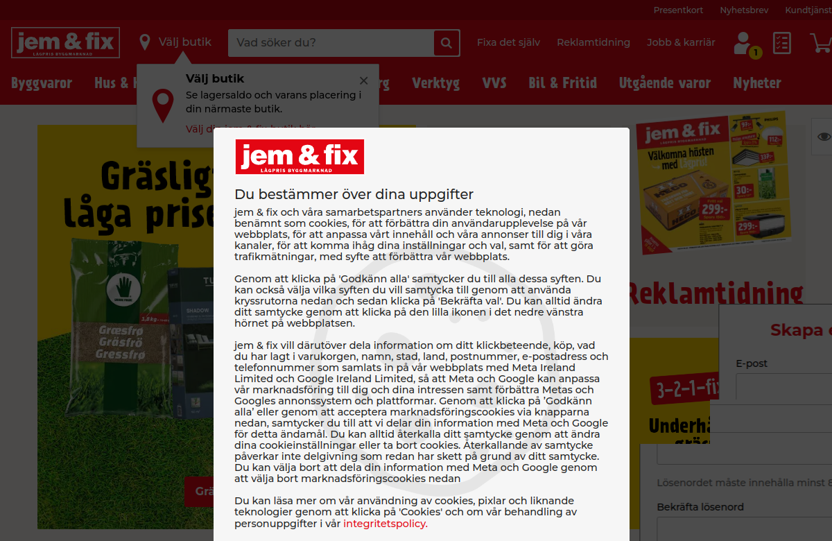 Screenshot av jem & fixs hemsida