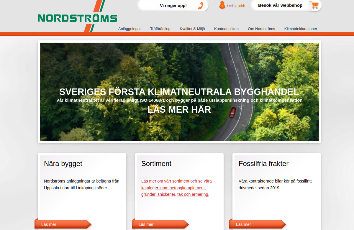 Screenshot av Nordströms Bygghandels hemsida