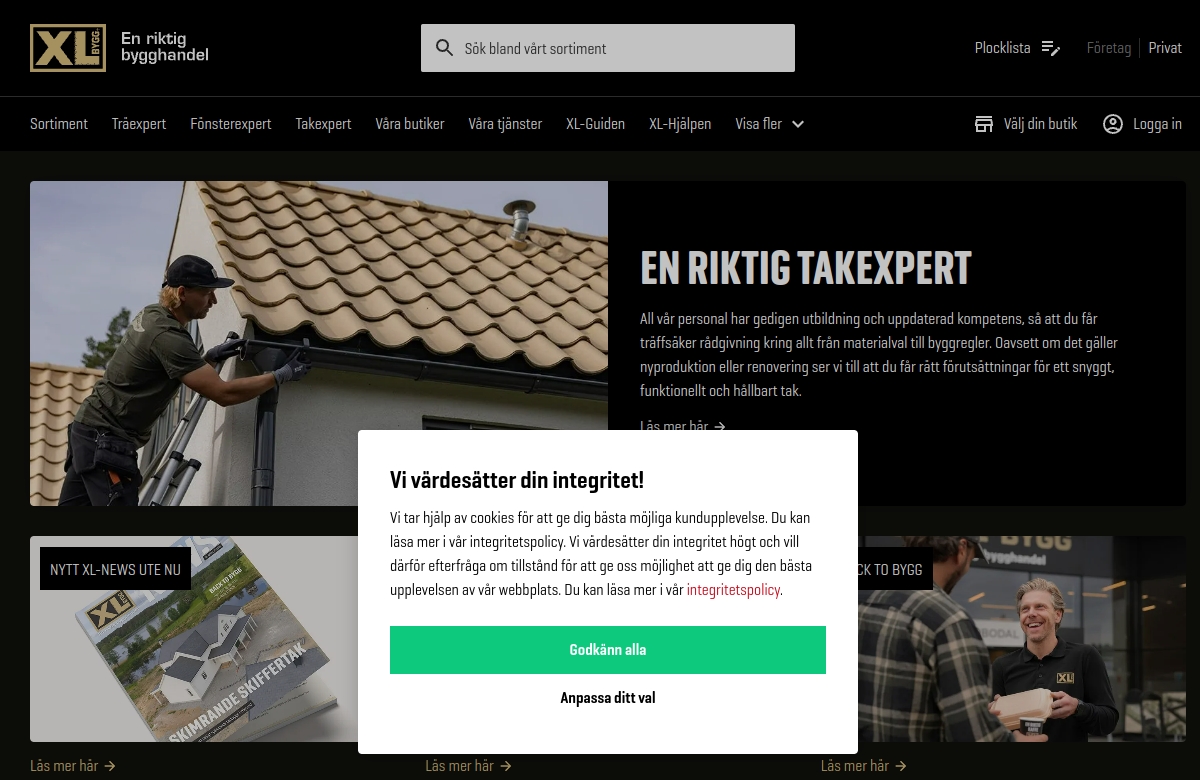 Screenshot av XL-BYGGs hemsida