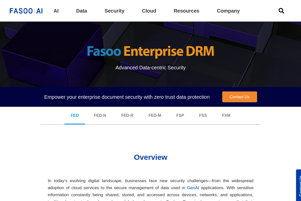 Fasoo Enterprise DRM homepage screenshot showing top 10 DRM software 2026 platform
