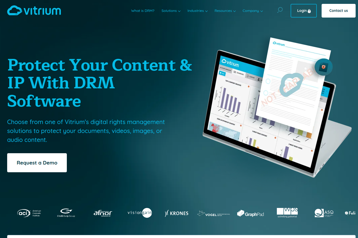 Vitrium Systems homepage screenshot showing top 10 DRM software 2026 platform