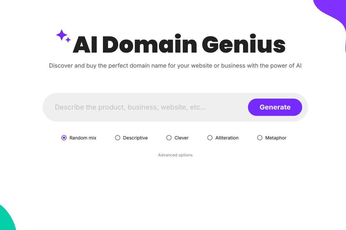 Screenshot of the AI Domain Genius website