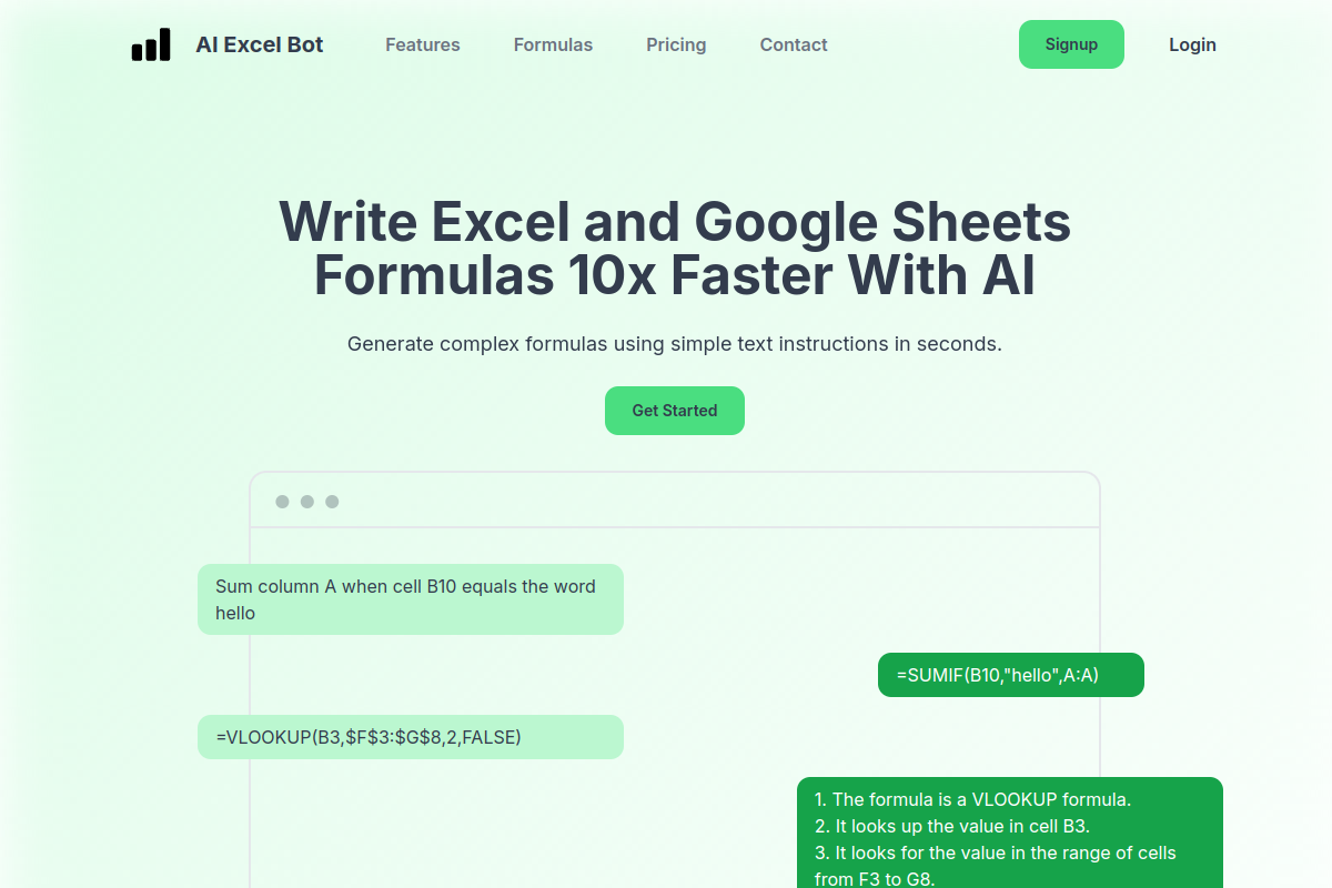 Screenshot of the AI Excel Bot website