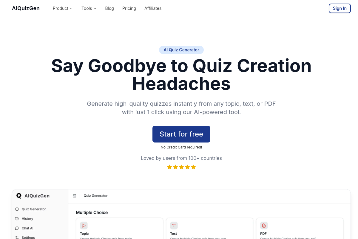 Screenshot of the AIQuizGen website