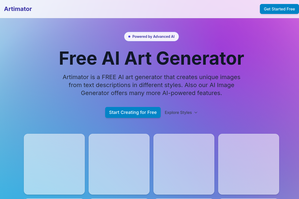 Screenshot of the Artimator website