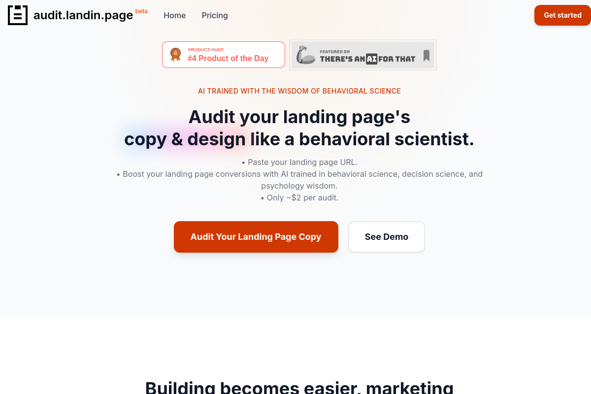 Screenshot of the Audit Landin Page website