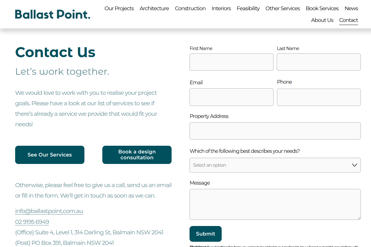 Screenshot of Contact Ballast Point Architecture and Construction — Ballast Point