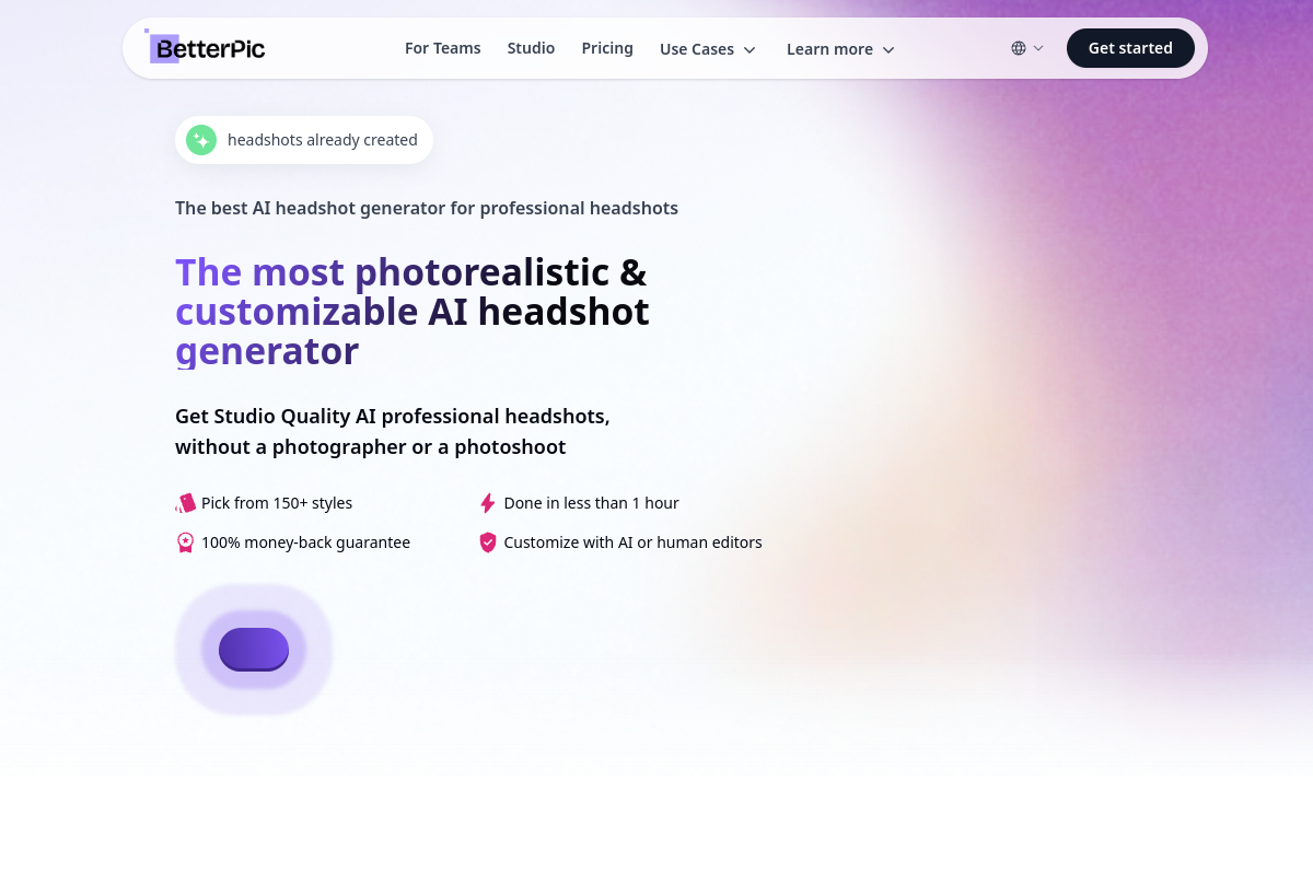 Screenshot of the BetterPic | AI Headshots website