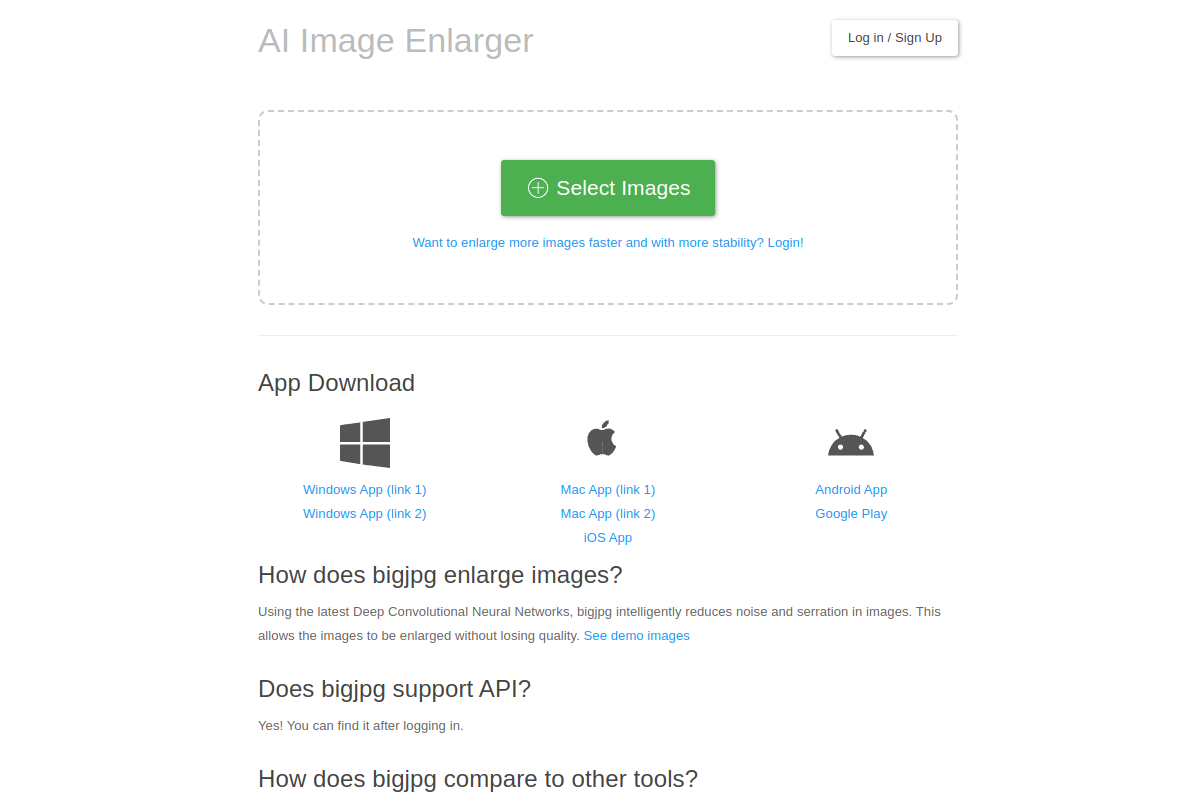 Screenshot of the BigJpg website