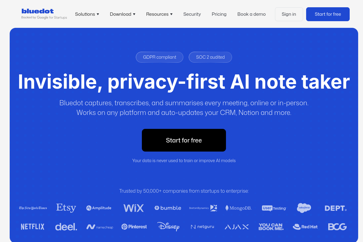 Screenshot of the Bluedot website