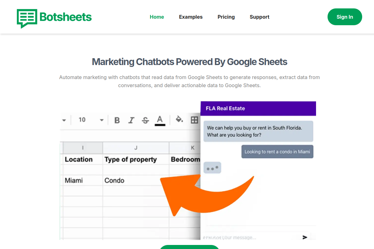 Screenshot of the Botsheets website