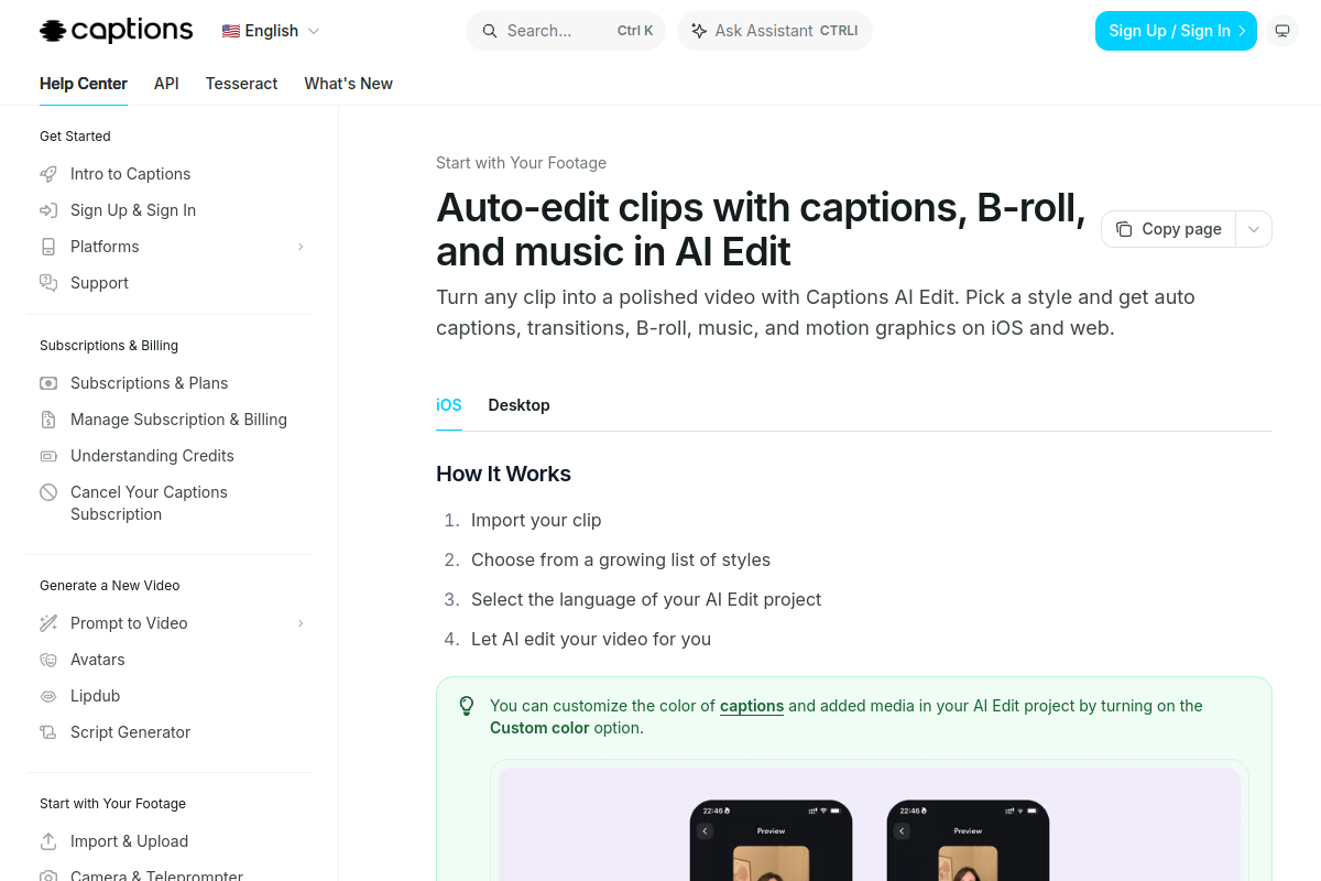 Captions product interface screenshot