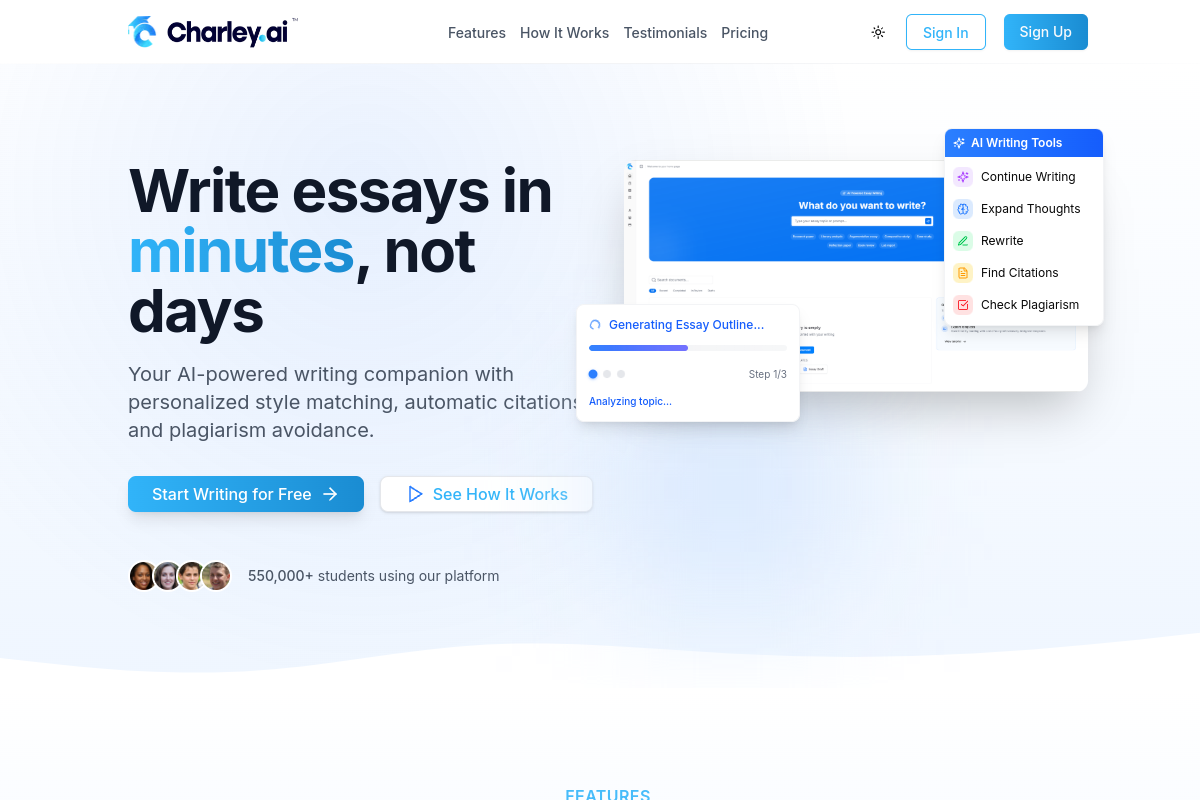 Screenshot of the Charley website