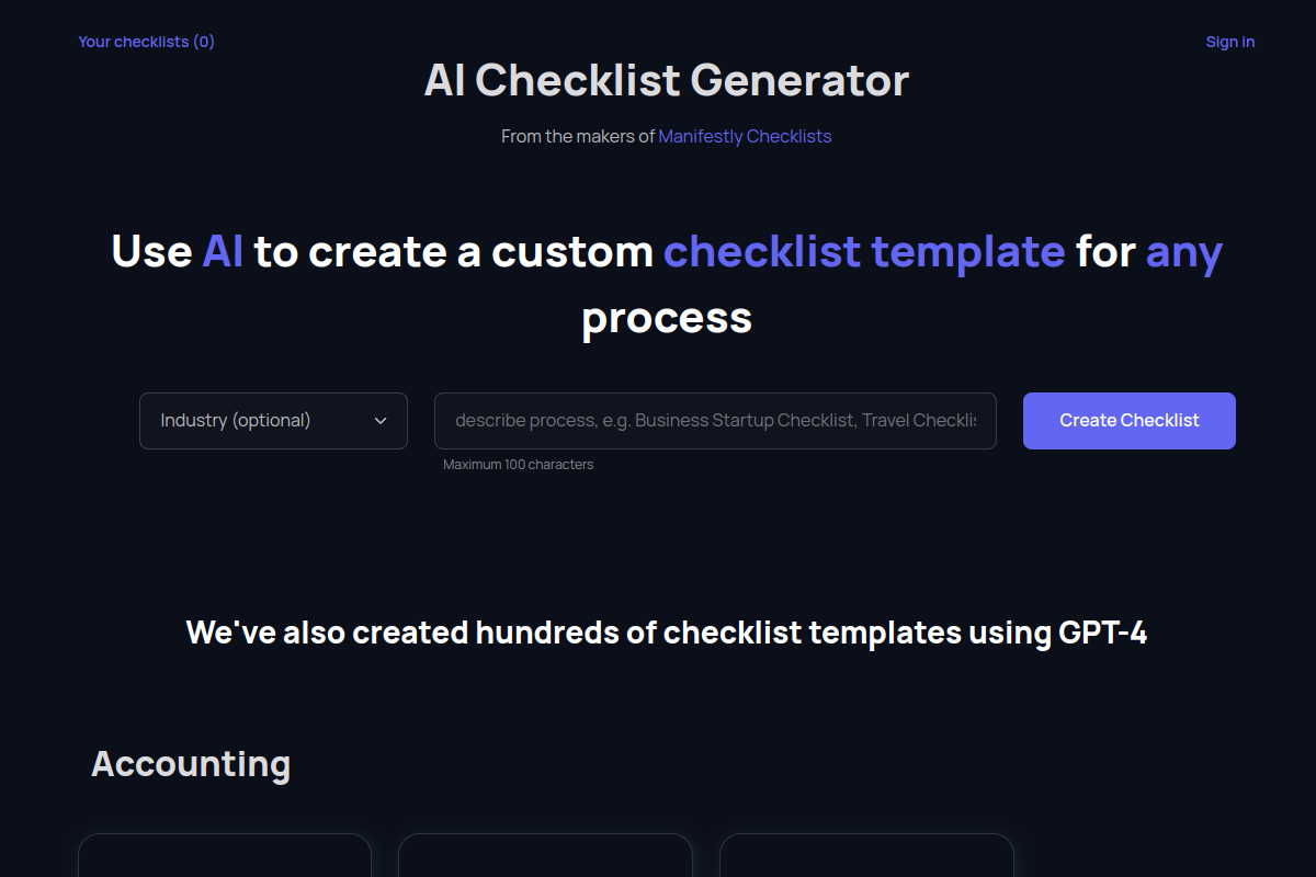 Screenshot of the Checklistgenerator website