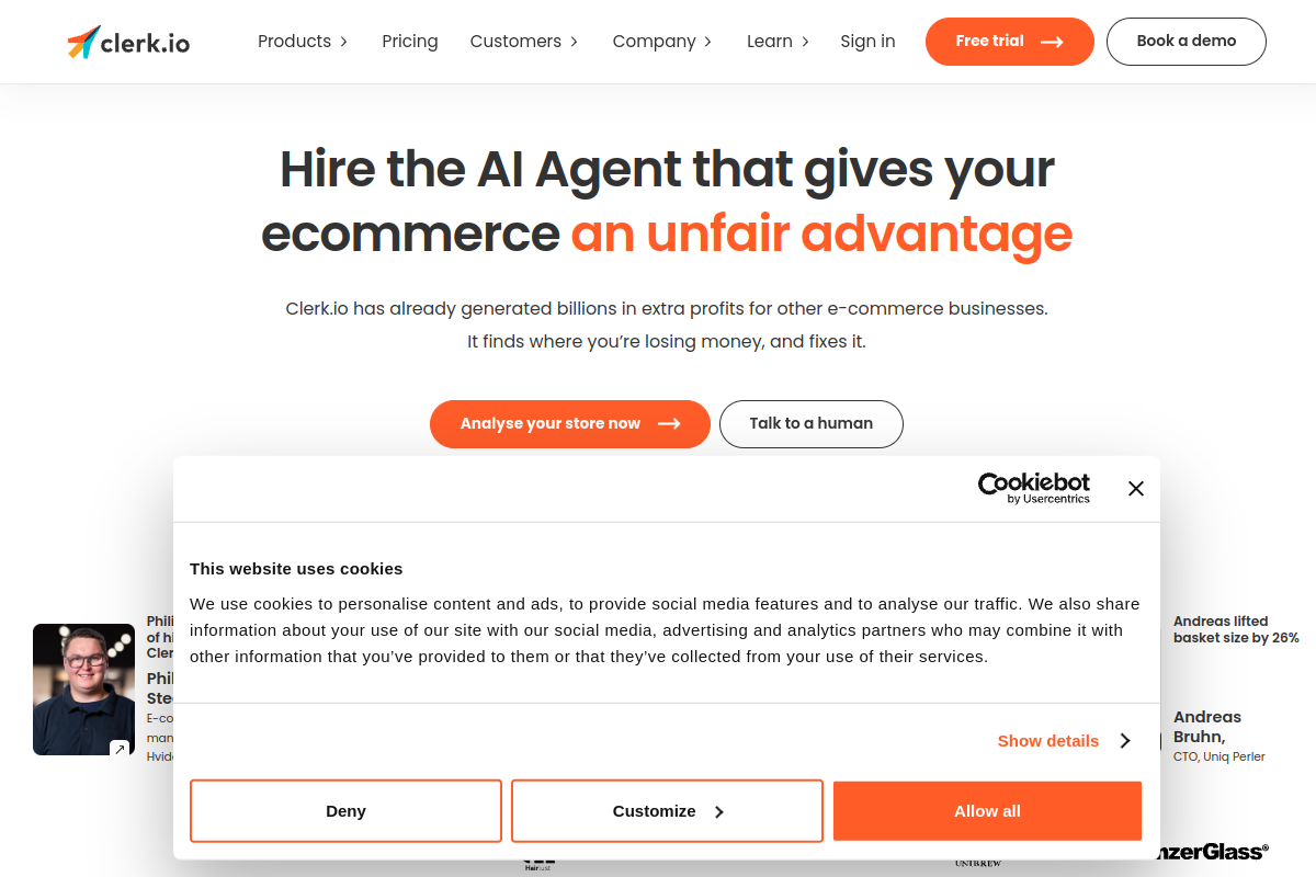 Screenshot of the Clerk.io website