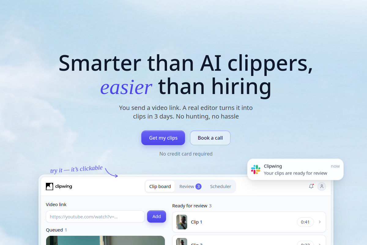 Screenshot of the Clipwing website