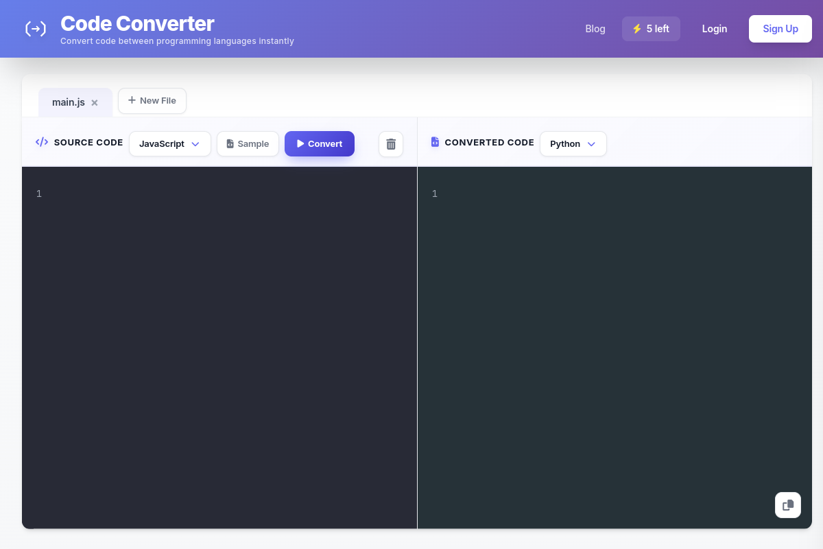 Screenshot of the Code Language Converter website