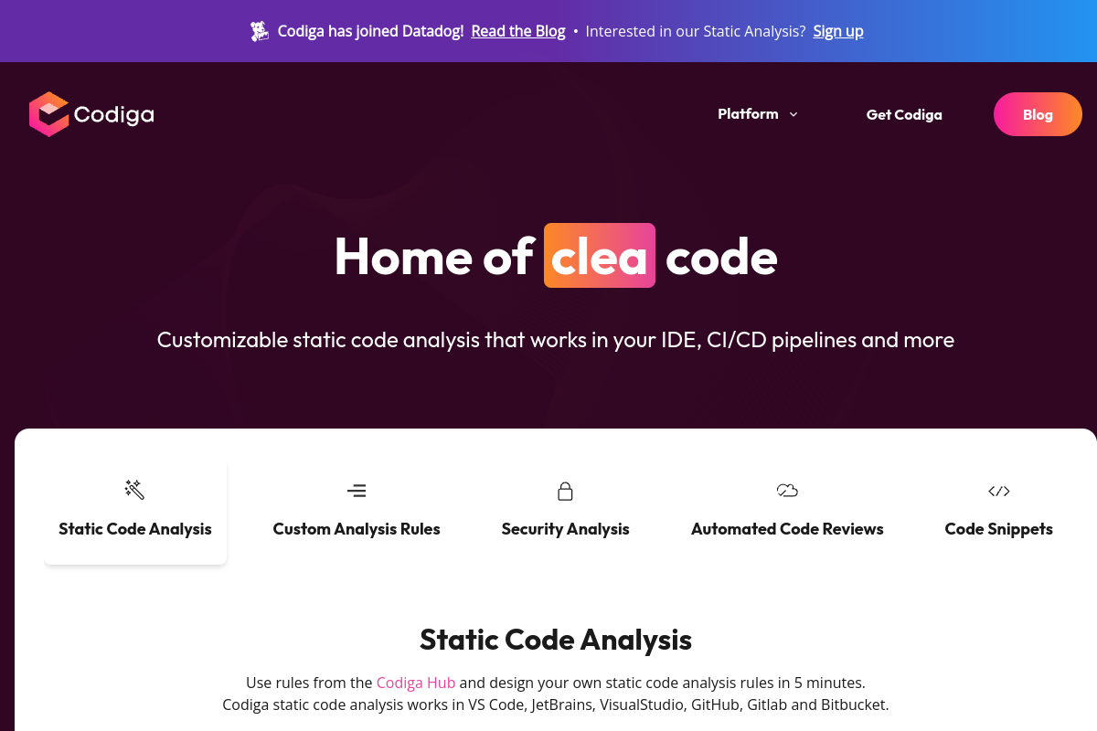 Screenshot of the Codiga website
