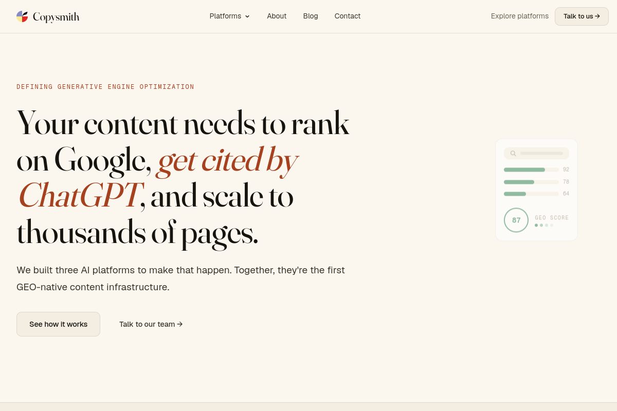 Screenshot of the Copysmith website